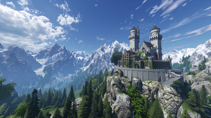 High-resolution image of a fantasy castle landscape, ideal for creating a magical and immersive background for various design projects.