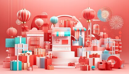 Exuberant tech shopping carnival with C4D style illustrating the joy of shopping festival.