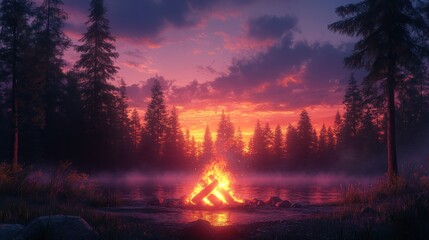 Wall Mural - A serene campfire scene at sunset by a tranquil lake.