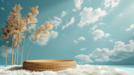 Wall Mural - Wicker podium on soft fur with pampas grass and cloudy sky backdrop