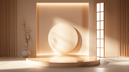 Wall Mural - Minimalist zen interior with round platform and soft ambient lighting in neutral tones