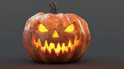 A single lit spooky halloween pumpkins, Jack O Lantern with evil face and eyes isolated against a transparent background.