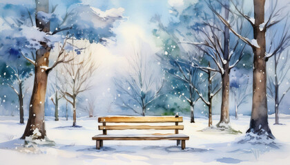 Watercolor wooden bench and winter park trees. Cold season, outdoor landscape. Christmas holiday vibe