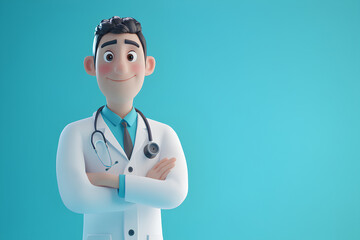 3d render. Human doctor cartoon character with stethoscope, looking at camera. Clip art isolated on blue background. Professional recommendation. Medical presentation, illustration