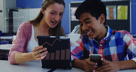 Poster - Binary code image over students using tablet and smartphone in classroom