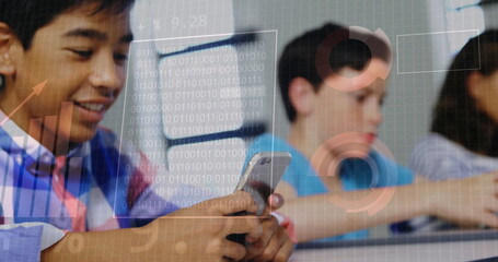 Poster - Holding smartphone, students with binary code and data processing image over them