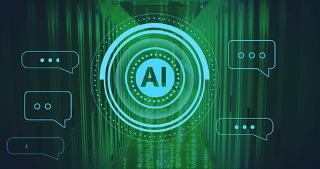Poster - Image of circular ai scanner and chat bot message icons over glowing server room