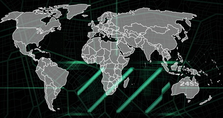 image of scientific data processing over world map on dark background