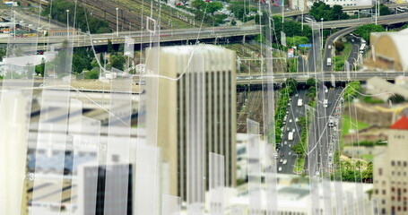 Poster - Financial data charts image over urban cityscape with roads and buildings