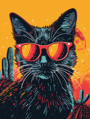 Naklejka na meble A cat wearing sunglasses and a hat is sitting in front of a cactus. The cat is wearing a pair of red sunglasses and a hat, giving it a cool and stylish appearance