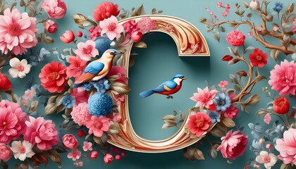 Wall Mural - Floral Adornment on a Golden Metal Letter D in Generative Art