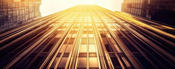 A stunning view of a skyscraper with golden light reflecting off its glass facade, creating a warm, modern urban atmosphere.