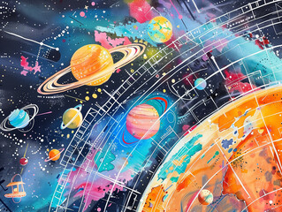 a celestial scene with a large planet, rings, and cosmic energy, perfect for projects related to spa