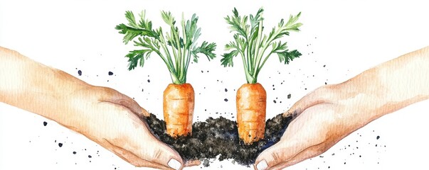 Set of Carrot Watercolor Vector,Hand holding carrots growing in the soil, illustrated in watercolor, symbolizing healthy food and agriculture in farm,,Carrot clipart, isolated vector illustration.