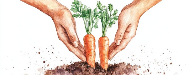 Set of Carrot Watercolor Vector,Hand holding carrots growing in the soil, illustrated in watercolor, symbolizing healthy food and agriculture in farm,,Carrot clipart, isolated vector illustration.