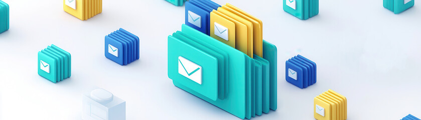 Poster - Stacked Email Icons in Blue, Yellow, and Green.