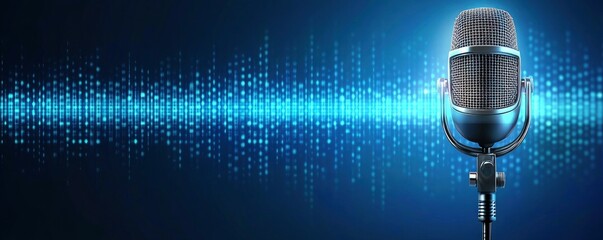 Microphone with waveform on blue background, broadcasting or podcasting banner