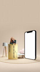 Wall Mural - Smiling young woman leaning on giant credit card in living room , promoting online financial services. 3D model of phone with blank screen representing opportunities in digital finance. Concept of