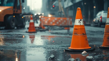 Rain is pouring down on a construction site. The orange traffic cones are standing out in the downpour.