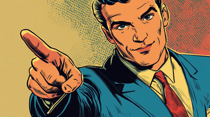 Wall Mural - A retro-style cartoon businessman is pointing with his finger, like a classic comic book character. This image is perfect for promoting a product or service.