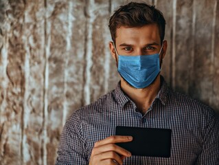 A crisp, clean close-up of a man wearing a blue face mask, holding a black card against a textured, lined wall Realistic studio lighting, focus on details