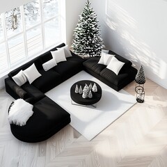 Sticker - Modern Christmas Living Room Interior with Black Sectional Sofa and White Christmas Trees.