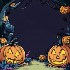 Spooky Cartoon Halloween Pumpkin Lanterns and Autumn in Dark Background