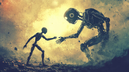 Wall Mural - robot vs human: a clash between the future and the past. bold, retro art captures the struggle betwe