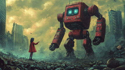 Wall Mural - robot vs human: a clash between the future and the past. bold, retro art captures the struggle betwe