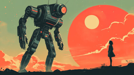 Wall Mural - robot vs human: a clash between the future and the past. bold, retro art captures the struggle betwe
