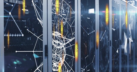 Wall Mural - Image of network of connections with falling shapes over server room