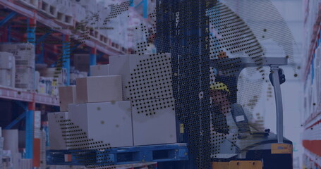 Poster - Image of globe and digital data processing over caucasian man in forklift working in warehouse