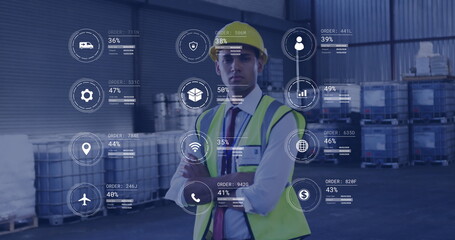 Poster - Image of icons and digital data processing over caucasian man working in warehouse