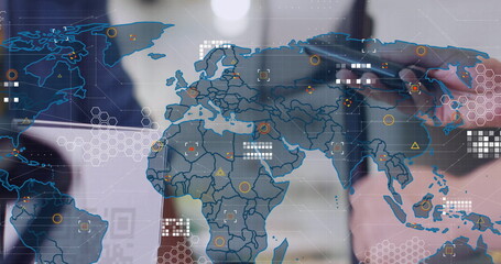 Sticker - Image of financial data processing with world map over caucasian woman serving coffee