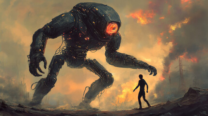 Wall Mural - robot vs human: a clash between the future and the past. bold, retro art captures the struggle betwe