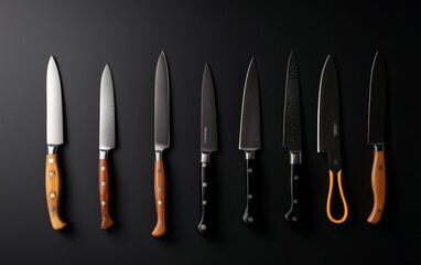 Modern kitchen knives and scissors displayed neatly on a grey surface, focus on precision and functionality in culinary tools