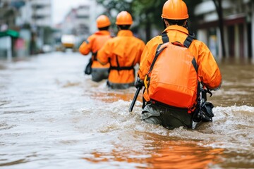 Rescue workers in orange uniforms assisting during a city flood, urban disaster relief efforts, extreme weather rescue mission