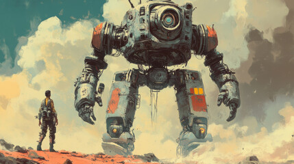 Wall Mural - robot vs human: a clash between the future and the past. bold, retro art captures the struggle betwe
