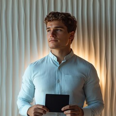 Illustrate a man at eye-level, in a light blue shirt, holding a black card Use soft lighting against a pale wall with grooves Keep it minimalist and realistic