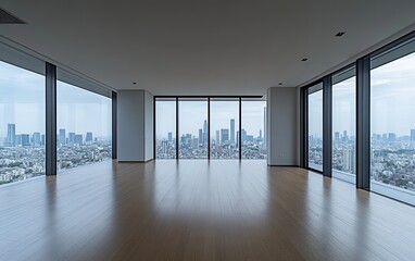 Wall Mural - A spacious, modern room with large windows offering a panoramic city view, emphasizing minimalism and urban living.