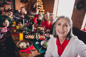 Canvas Print - Photo of group family members take selfie record video gather celebrate christmas apartment indoors