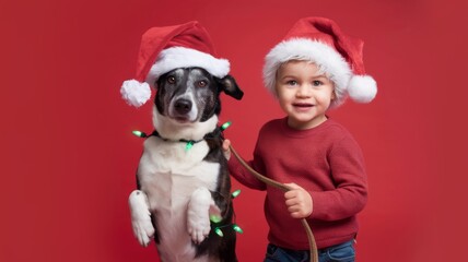 Adorable Child and Dog in Santa Hats Posing for Festive Christmas Marketing