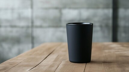 Wall Mural - Minimalist Black Cup on Wooden Table Surface