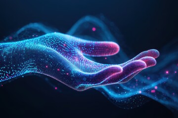 Wall Mural - abstract digital wave dots background with gradient color and hand shape technology concept design f