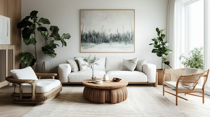 Wall Mural - Stylish living room with modern furniture and large artwork in a sunlit space featuring indoor plants and comfortable seating