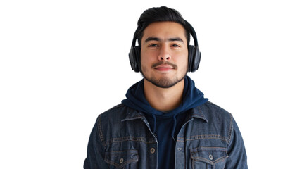 Young Hispanic male marketing professional with headphones during virtual meeting on white background 