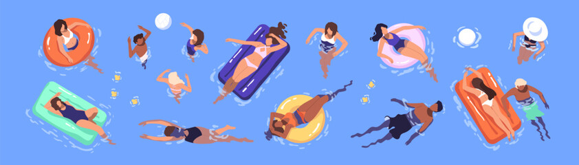 people floating on inflatable circles in swimming pool top view. tourists sunbathing on rubber mattr