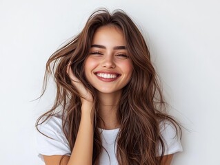 Happy young woman with long hair smiling, isolated on a white background.