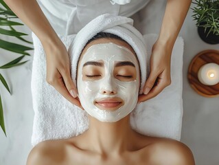 Relaxing facial treatment with natural products, serene environment, healthy skincare.