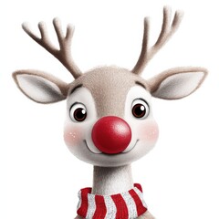 A cute cartoon reindeer with a bright red nose and big brown eyes, exuding warmth and cheer, wearing a cozy striped scarf, front view.